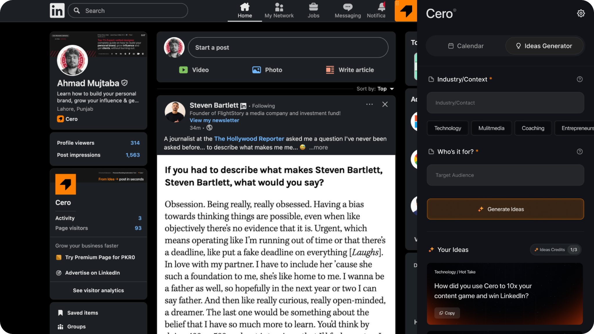 Cero LinkedIn content creation assistant interface